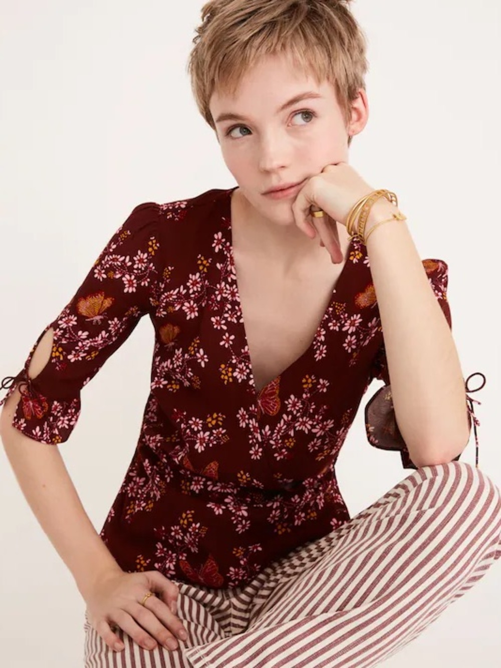 Madewell Tie-Sleeve Wrap Top in Butterfly Sanctuary